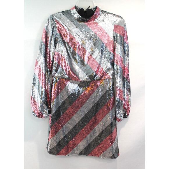 Ted Baker London Jocasta Stripe Sequin Mini Dress size 8/10 US Gray Pink Lined - Picture 1 of 8